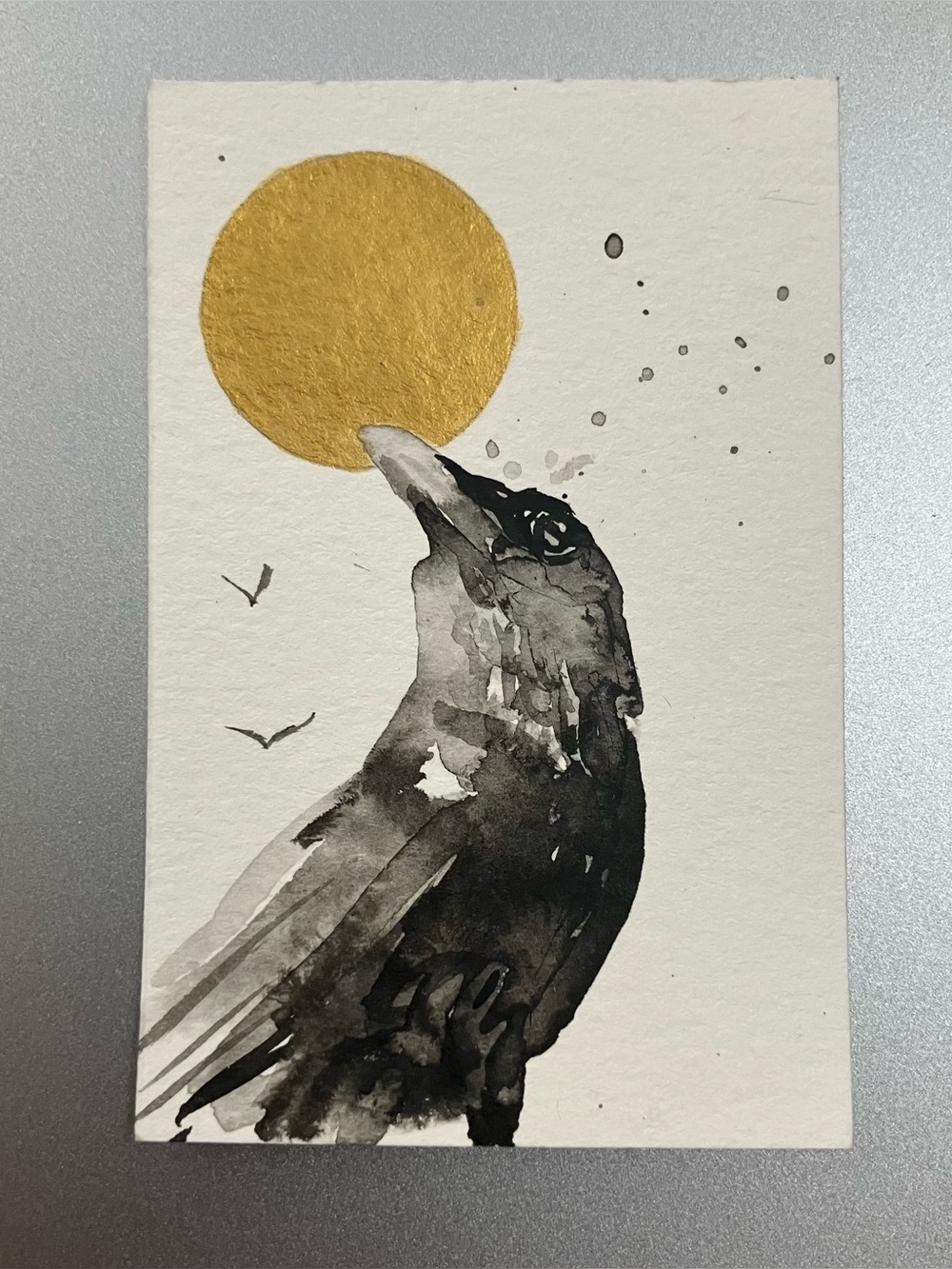 Original raven crow miniature realism painting sumi-e style art ink collectible